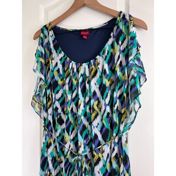 Merona Women's Multicolor Print Knee Length Dress Tie Belt Polyester Size L - Picture 2 of 12